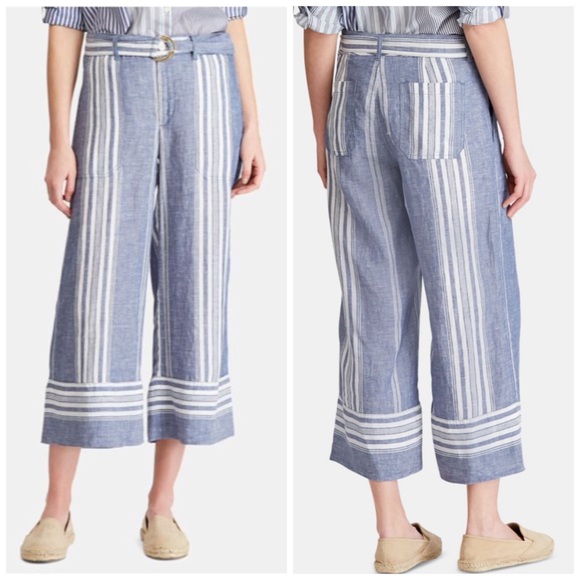 Lauren Ralph Lauren Pants - Ralph Lauren Blue & White Stripe Chambray Linen Wide Leg Pants Size 8